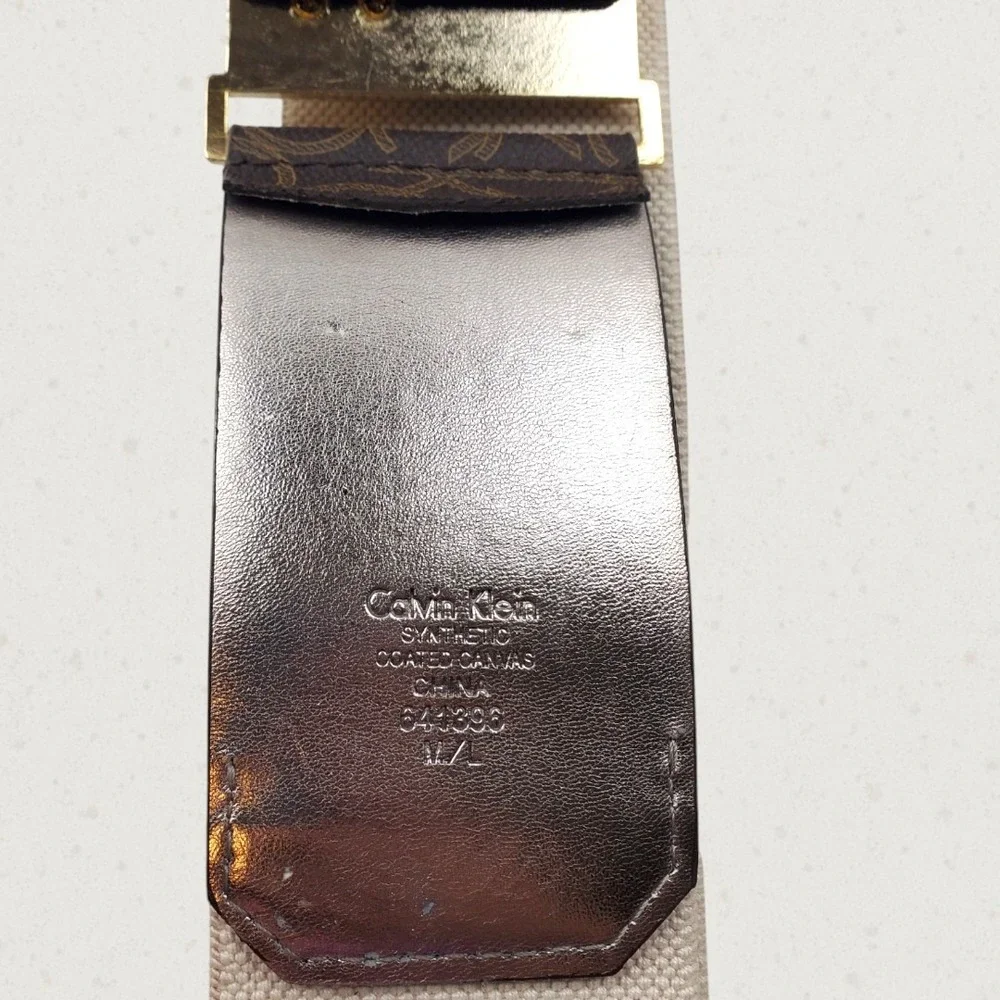 Calvin Klein Womens Monogram Wide Elastic Waist Belt Gold Padlock Buckle M/L